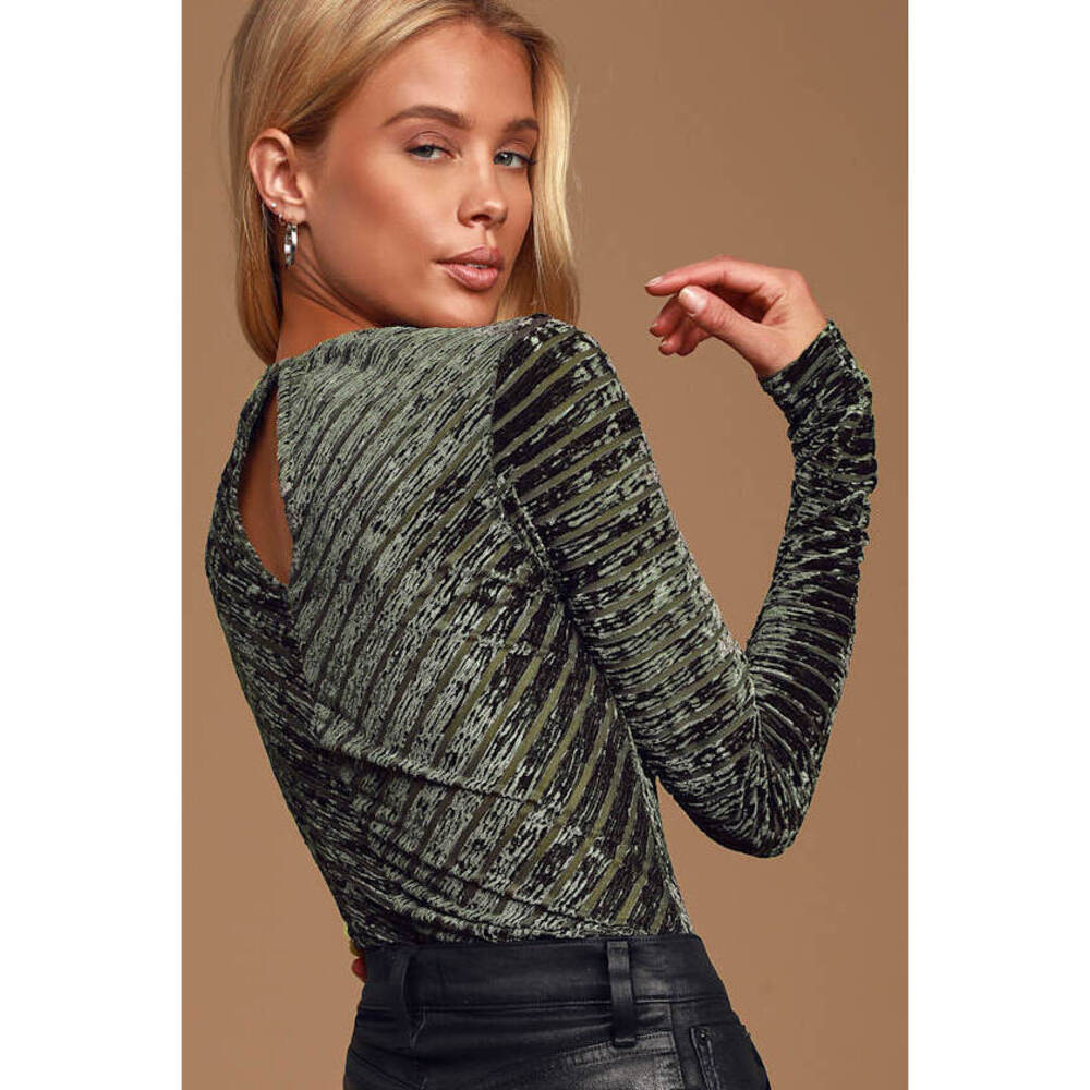 Lulus Save The Date Olive Green Velvet Striped Long Sleeve Bodysuit - Size M